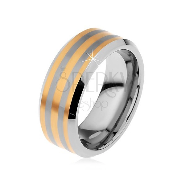 Dwukolorowy pierścionek tungsten z trzema paseczkami złotego koloru, lśniąco-matowy, 8 mm