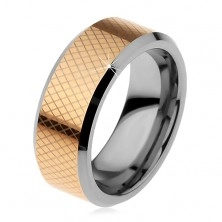 Dwukolorowy wolframowy pierścionek, drobne romby, ścięte krawędzie, 8 mm