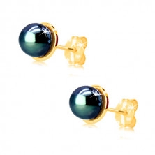Złote kolczyki 585 - małe lśniące kółko z niebieską okrągłą perłą, wkręty