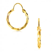 Okrągłe kolczyki z żółtego 14K złota - lśniący wzór skręconej liny, 12 mm