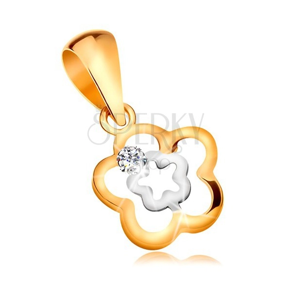 Zawieszka z 585 złota - falisty dwukolorowy zarys kwiatka z bezbarwną cyrkonią 