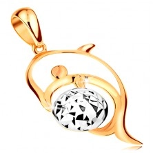Złota 585 zawieszka - kontur delfina, piłka z białego złota ozdobiona nacięciami