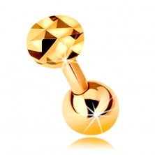 Złoty 585 piercing do ucha - lśniący prosty pręt z kuleczką i oszlifowanym kółkiem, 5 mm 