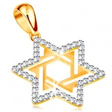 Złota zawieszka 585 - gwiazda Dawida ozdobiona bezbarwnymi cyrkoniami i wycięciami