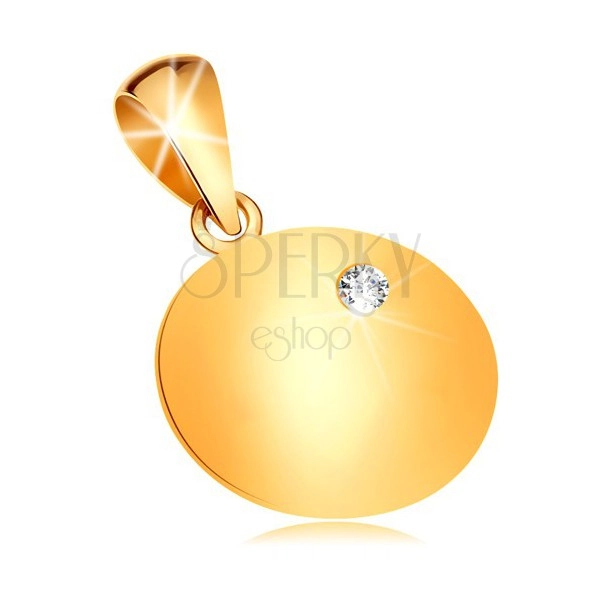 Złota zawieszka 585 - lśniąca płaska okrągła płytka z osadzonym bezbarwnym diamentem