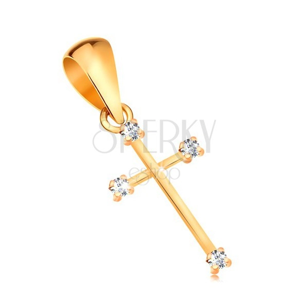 Złota zawieszka 585 - błyszczący krzyżyk o wąskich ramionach z bezbarwnymi brylantami