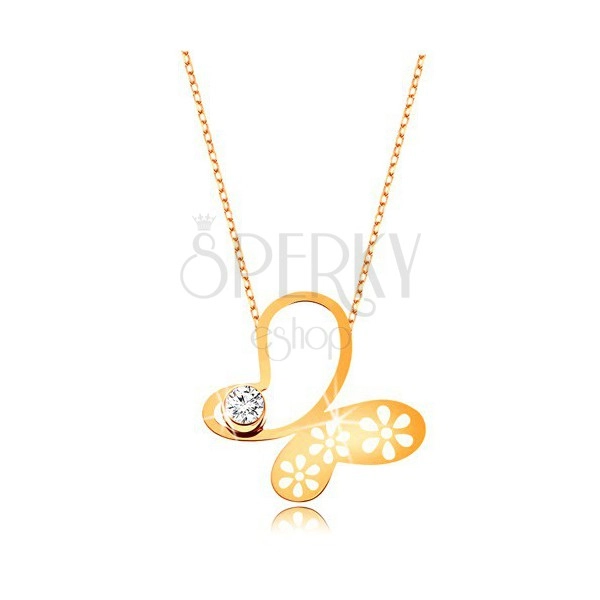Naszyjnik z żółtego 375 złota - asymetryczny motyl z kwiatkami, subtelny łańcuszek 
