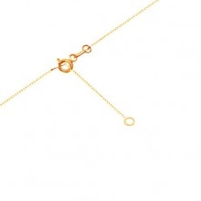 Złoty naszyjnik 375 - subtelny łańcuszek, symbol nieskończoności, bezbarwna cyrkonia i napis MOM