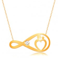 Złoty naszyjnik 375 - subtelny łańcuszek, symbol nieskończoności z bezbarwną cyrkonią i sercem
