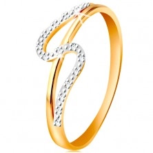 Diamentowy pierścionek ze złota 585, proste i faliste ramię, drobne bezbarwne diamenty 