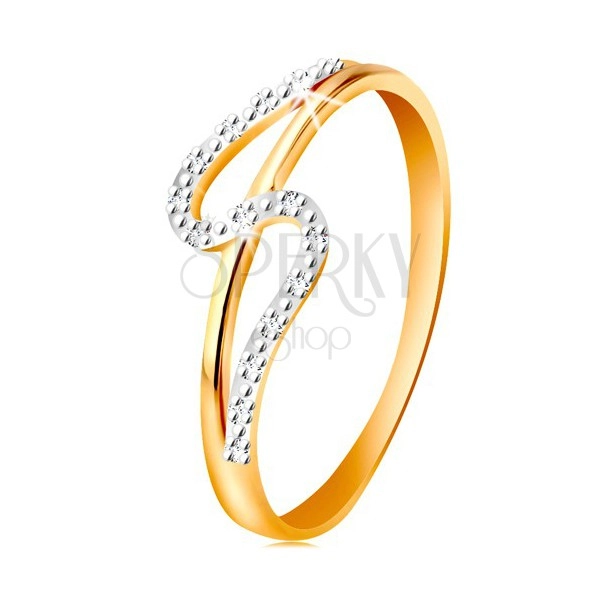 Diamentowy pierścionek ze złota 585, proste i faliste ramię, drobne bezbarwne diamenty 