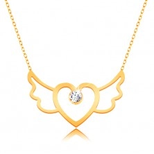 Naszyjnik z żółtego 375 złota- kontur skrzydlatego serca, cienki łańcuszek