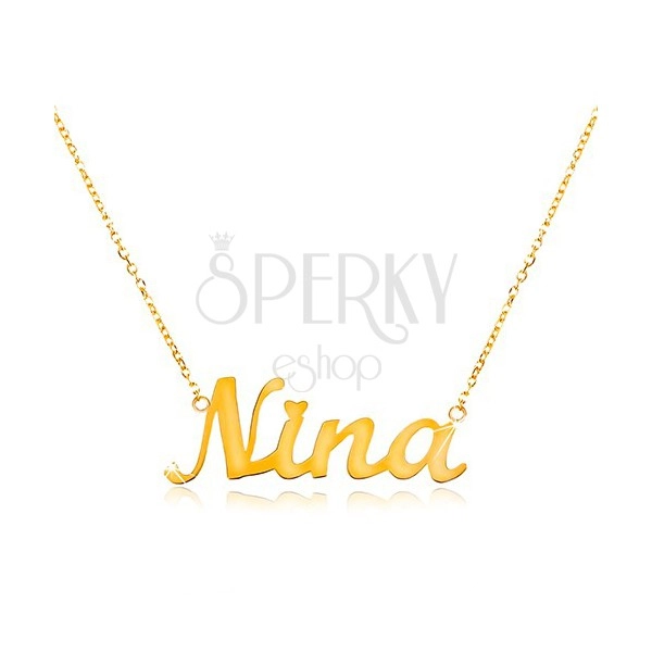 Naszyjnik z żółtego 585 złota - cienki łańcuszek, lśniąca zawieszka - imię Nina