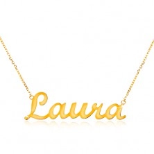 Naszyjnik z żółtego 585 złota - cienki błyszczący łańcuszek, lśniący napis Laura
