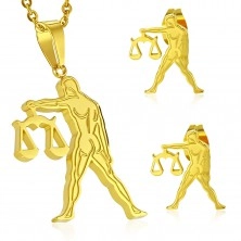 Stalowy zestaw złotego koloru - zawieszka i kolczyki wkręty, znak zodiaku WAGA