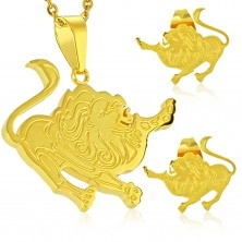 Stalowy zestaw złotego koloru, kolczyki i zawieszka, znak zodiaku LEW