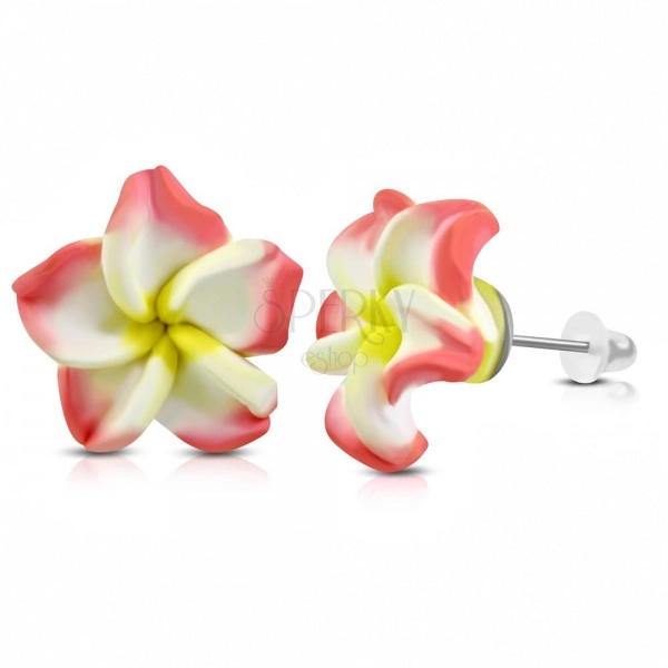 FIMO kolczyki, różowo-biały kwiatek z żółtym środkiem, wkręty