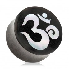 Siodłowy plug do ucha z drewna czarnego koloru, duchowy symbol jogi OM
