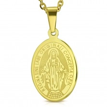 Zawieszka ze stali chirurgicznej, złoty odcień, owalny medalion z Maryją Panną  