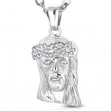 Stalowa zawieszka srebrnego koloru, głowa Jezusa Chrystusa, korona z cyrkonii