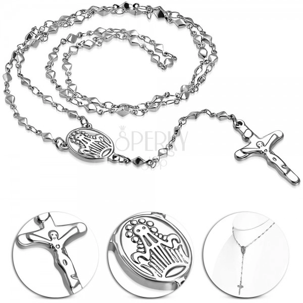 Stalowy naszyjnik srebrnego koloru z medalionem Maryi Panny i krzyżem