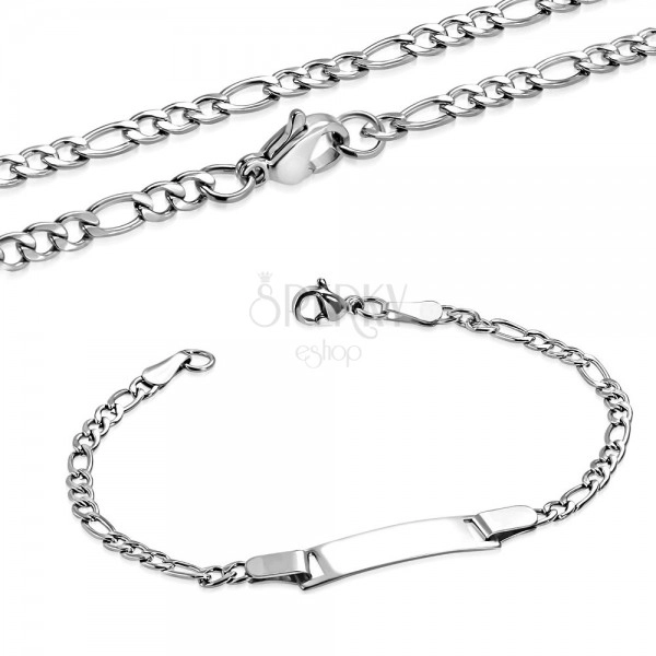 Stalowy łańcuszek i bransoletka z lśniącą płytką, splot Figaro, srebrny kolor