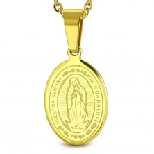 Stalowa zawieszka, złoty odcień, owalny medalion z Maryją Panną i napisem