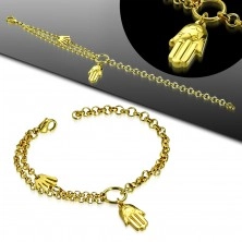 Stalowa bransoletka złotego koloru, dwie dłonie Fatimy i podwójny łańcuszek