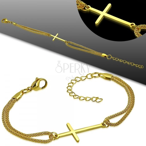 Stalowa bransoletka złotego koloru, lśniący łaciński krzyż i podwójny łańcuszek