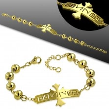 Stalowa bransoletka w złotym odcieniu, płytka z krzyżem i greckim kluczem
