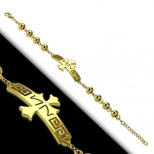 Stalowa bransoletka w złotym odcieniu, płytka z krzyżem i greckim kluczem