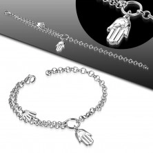 Stalowa bransoletka srebrnego koloru, dwie dłonie Fatimy, kółko i podwójny łańcuszek