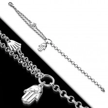 Stalowa bransoletka srebrnego koloru, dwie dłonie Fatimy, kółko i podwójny łańcuszek