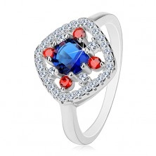 Srebrny pierścionek 925, ciemnoniebieski środek, bezbarwne i czerwone cyrkonie