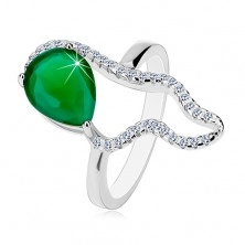 Srebrny 925 pierścionek - duża zielona łza z cyrkonii, bezbarwny asymetryczny kontur