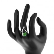 Srebrny 925 pierścionek - duża zielona łza z cyrkonii, bezbarwny asymetryczny kontur