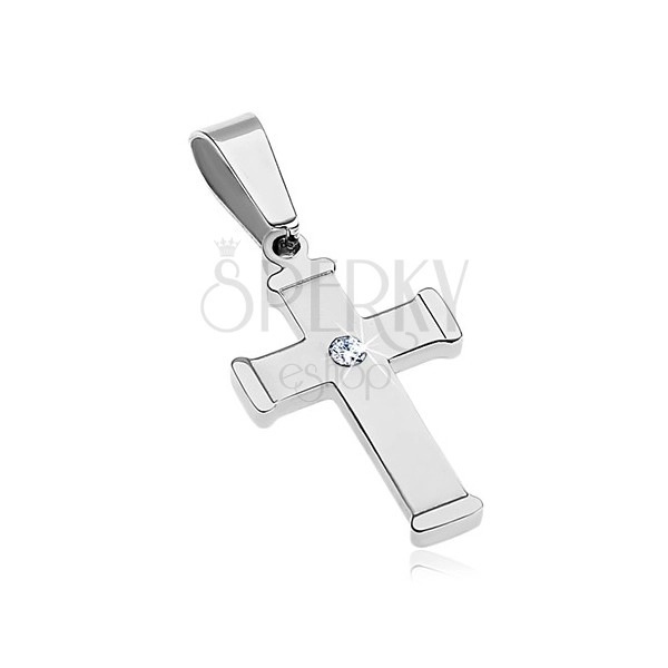 Lśniąca stalowa zawieszka srebrnego koloru, krzyż z bezbarwną cyrkonią