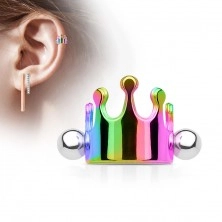 Stalowy piercing do ucha, korona królewska, pręt z kuleczkami, różne kolory