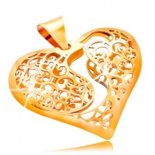 Złota zawieszka 585 - dwukolorowe serce z wycięciem i filigranową dekoracją