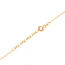 Złoty naszyjnik 585 - subtelny łańcuszek, symbol nieskończoności, bezbarwna cyrkonia i napis MOM