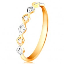 Złoty 14K pierścionek - dwukolorowe ziarnka z wstawionymi cyrkoniami, wysoki połysk