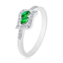 Srebrny 925 pierścionek, zielone cyrkoniowe ziarnka w bezbarwnej oprawie, rodowany