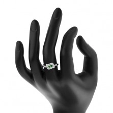 Srebrny 925 pierścionek, zielone cyrkoniowe ziarnka w bezbarwnej oprawie, rodowany