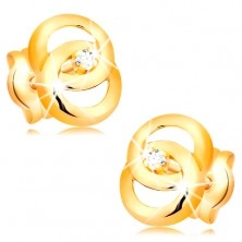 Kolczyki z żółtego14K złota - dwa połączone ze sobą pierścienie, brylatn w środku