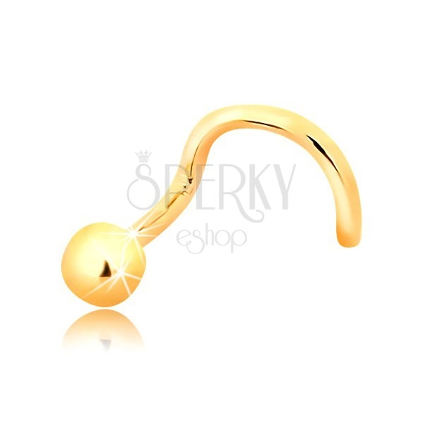 Złoty zagięty piercing do nosa 585 - lśniąca kulka, 2,5 mm