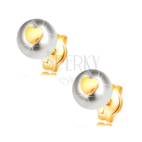 Złote kolczyki 585 - biała perła z błyszczącym symetrycznym sercem