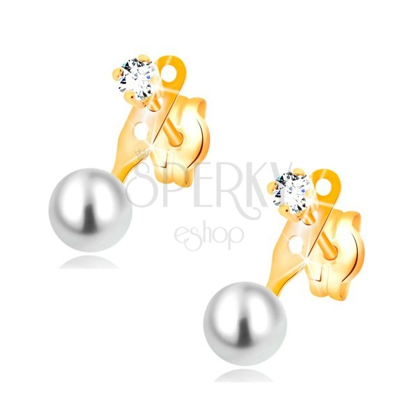 Kolczyki z żółtego 14K złota, bezbarwna cyrkonia i okrągła biała perła, wkręty