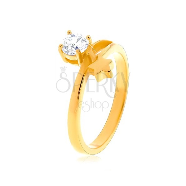 Stalowy pierścionek złotego koloru, gwiazda i okrągły bezbarwny cyrkon