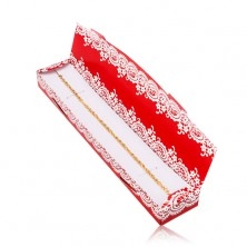 Upominkowe czerwone pudełeczko na łańcuszek lub bransoletkę, wzór białej koronki
