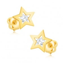 Brylantowe kolczyki z żółtego 14K złota - kontur gwiazdy, bezbarwny diament